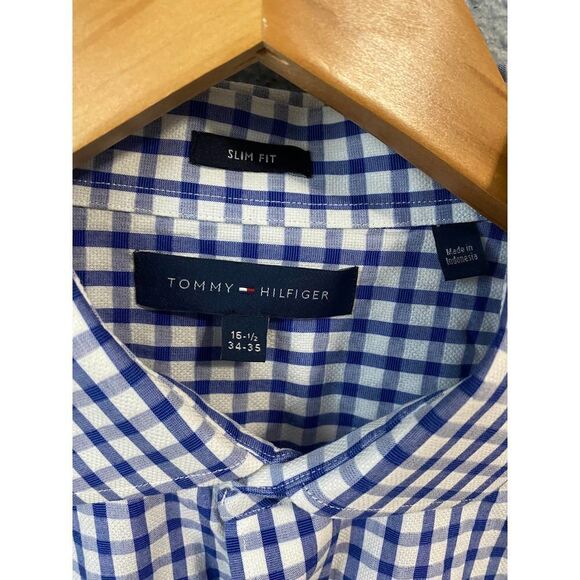 Tommy Hilfiger  Slim Fit Blue Checkered Button Down Collared Shirt Men’s 16.5 - Picture 2 of 6